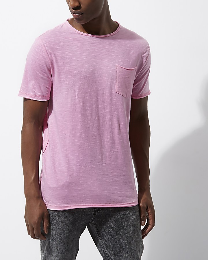Pink slim fit raw cut pocket T-shirt