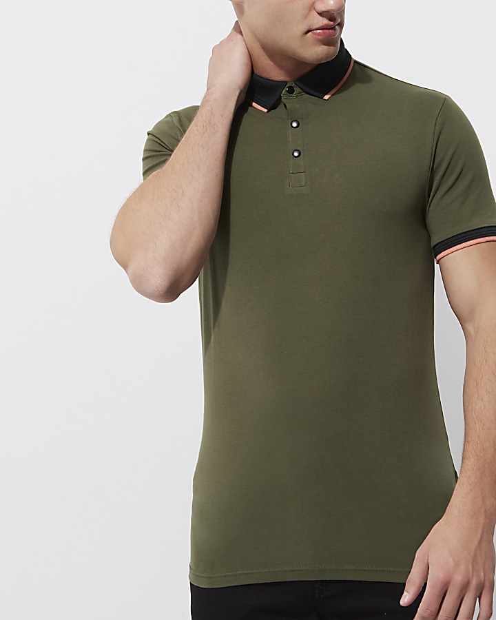 Khaki green tipped muscle fit polo shirt
