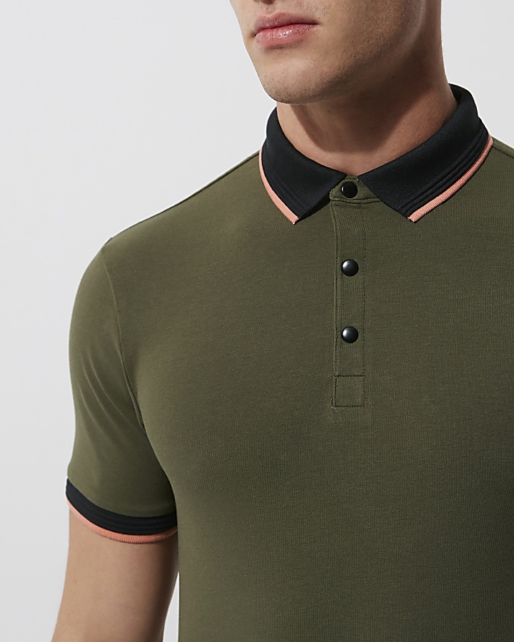 Khaki green tipped muscle fit polo shirt