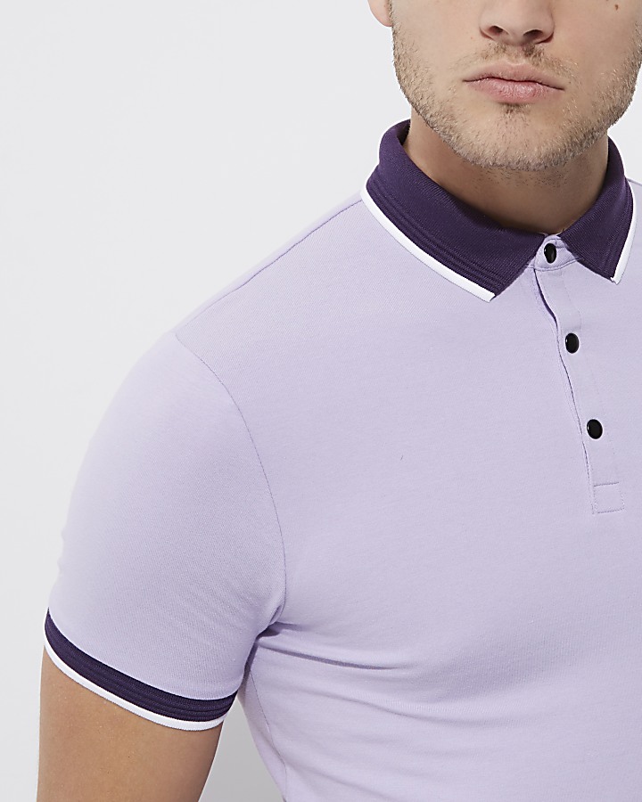 Light purple tipped muscle fit polo shirt