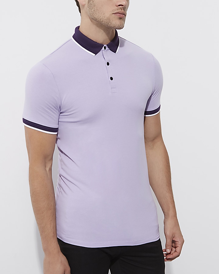 Light purple tipped muscle fit polo shirt