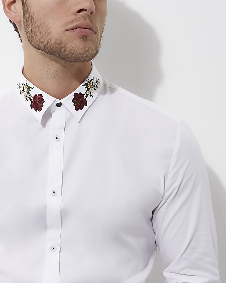 White embroidered collar muscle fit shirt