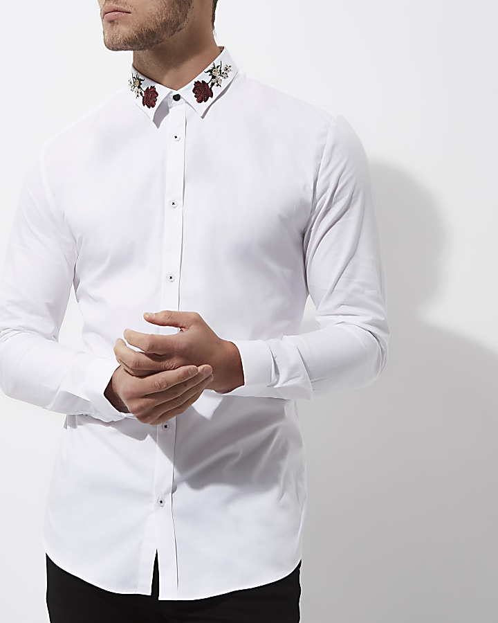 White embroidered collar muscle fit shirt