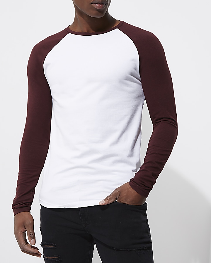 White raglan long sleeve muscle fit T-shirt