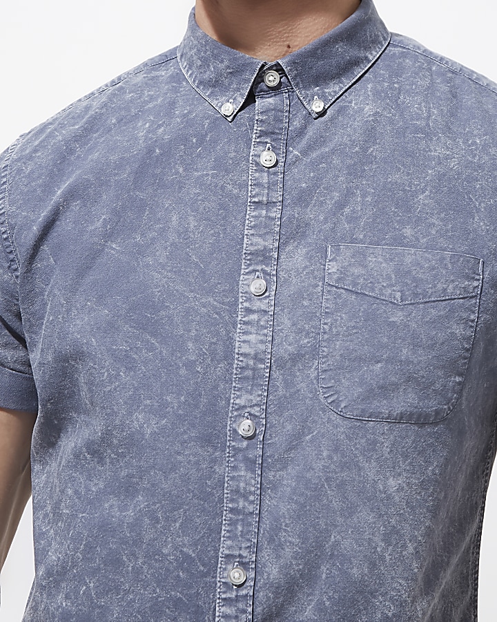 Blue acid wash short sleeve slim fit shirt