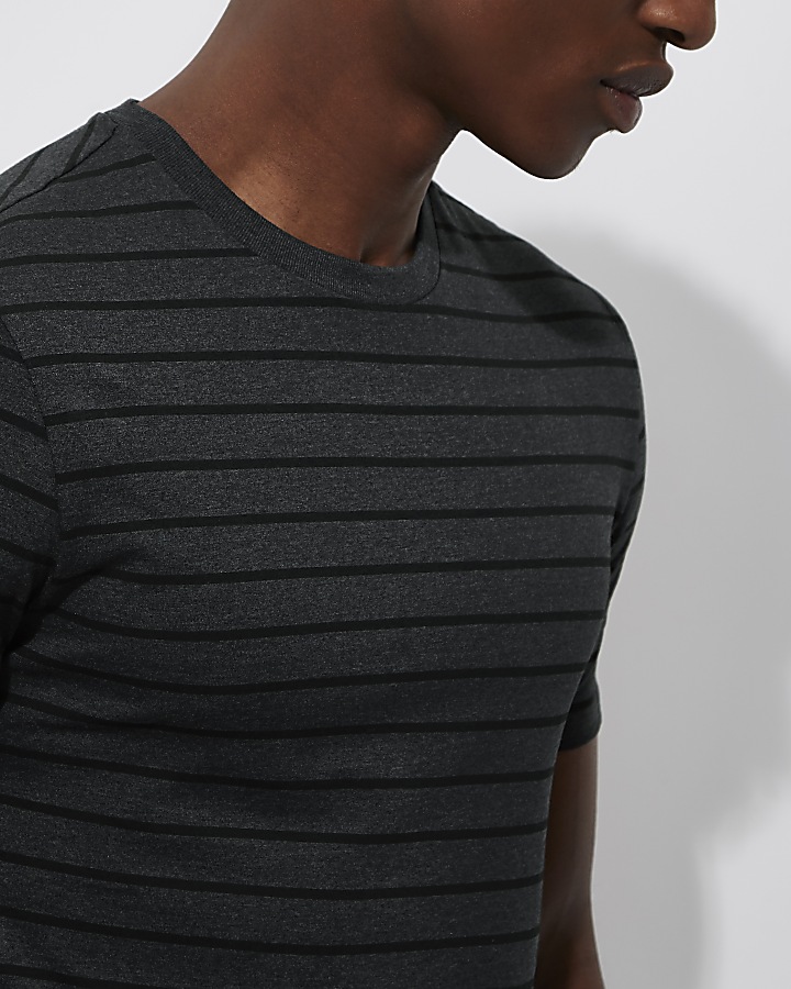 Dark grey stripe print muscle fit T-shirt