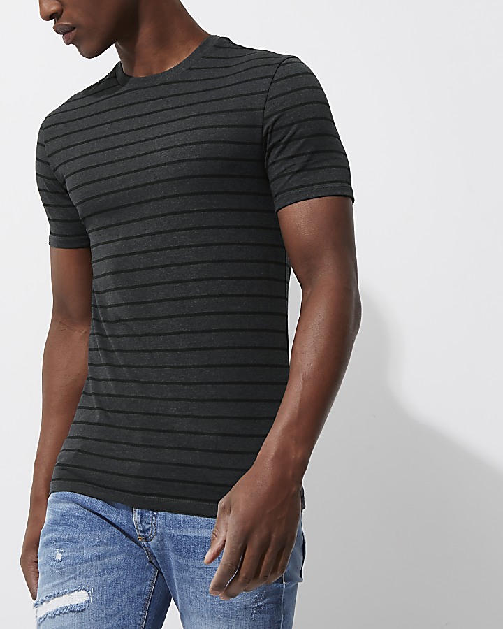 Dark grey stripe print muscle fit T-shirt