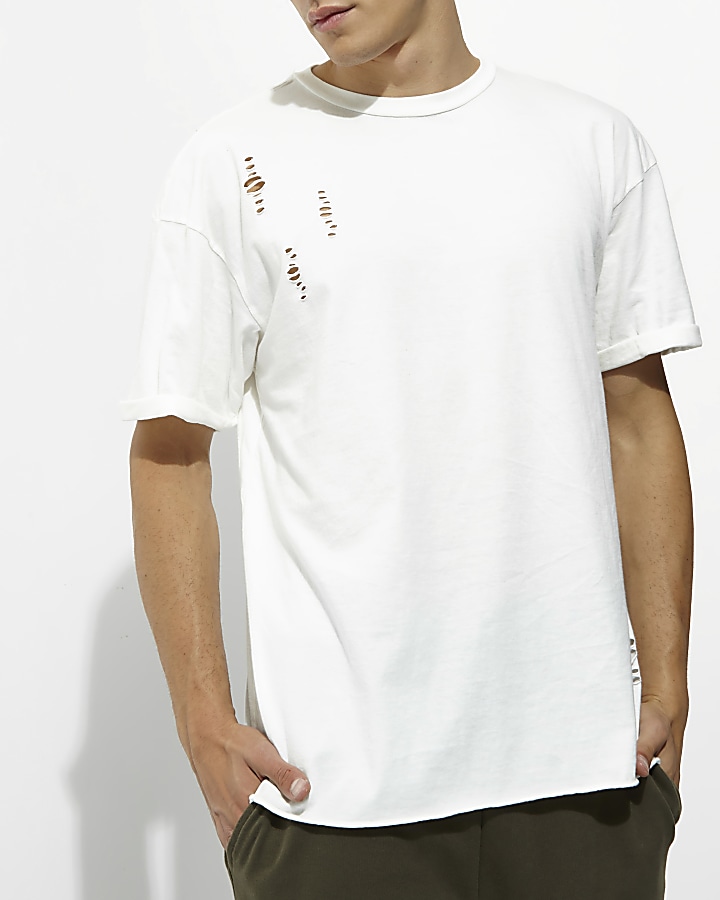 Cream laddered drop shoulder T-shirt