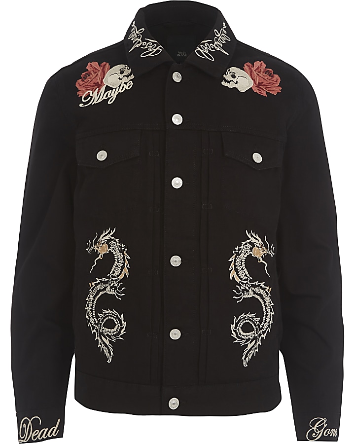 Black skull embroidered denim jacket
