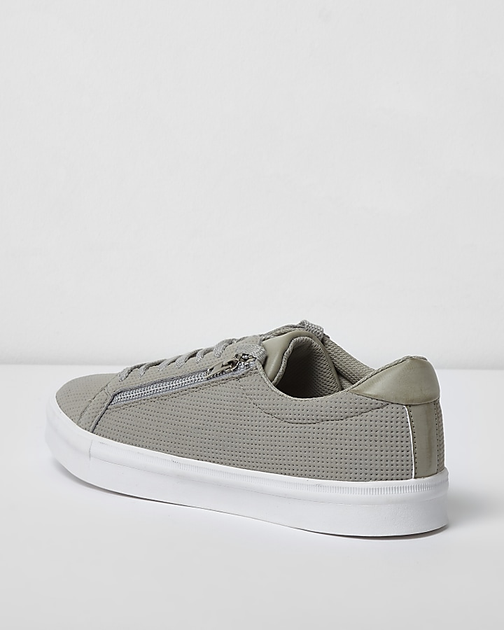 Light grey perforated zip lace-up trainers