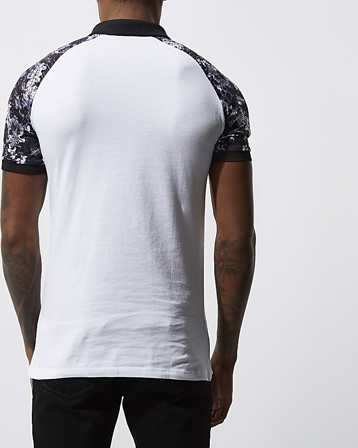 White mono print raglan muscle fit polo shirt