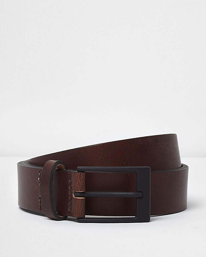 Brown leather black buckle belt