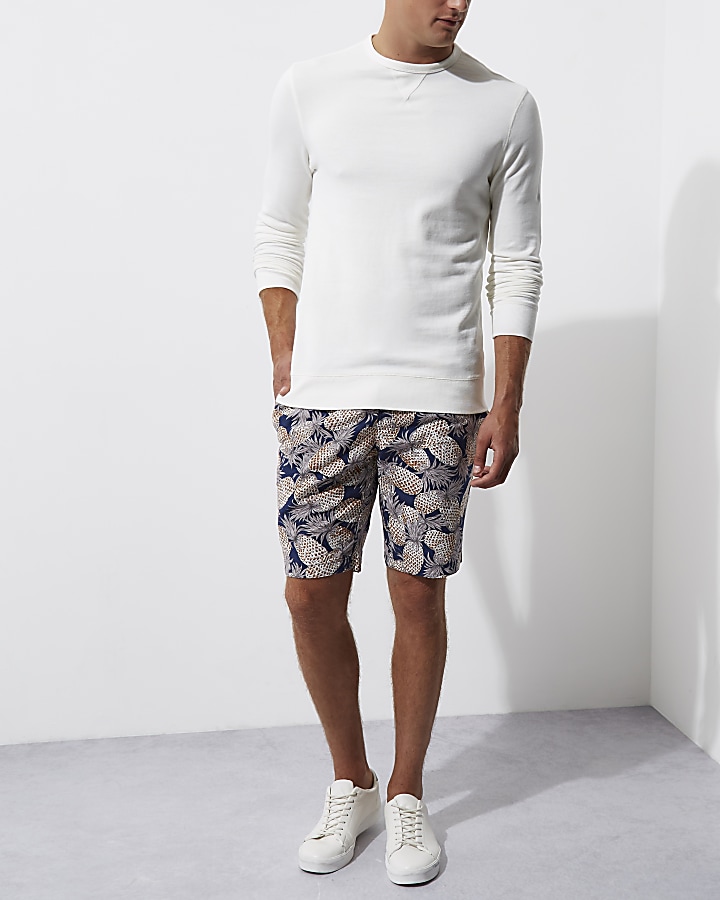 Navy pineapple linen blend slim fit shorts