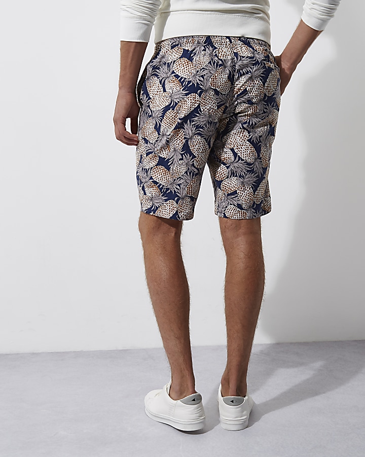 Navy pineapple linen blend slim fit shorts