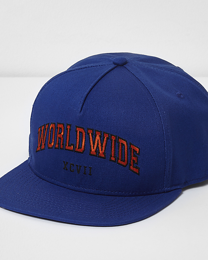 Blue 'worldwide' snapback flat peak cap