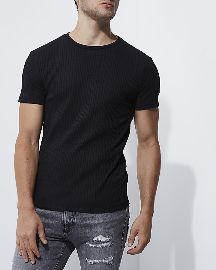 Black ribbed muscle fit crew neck T-shirt