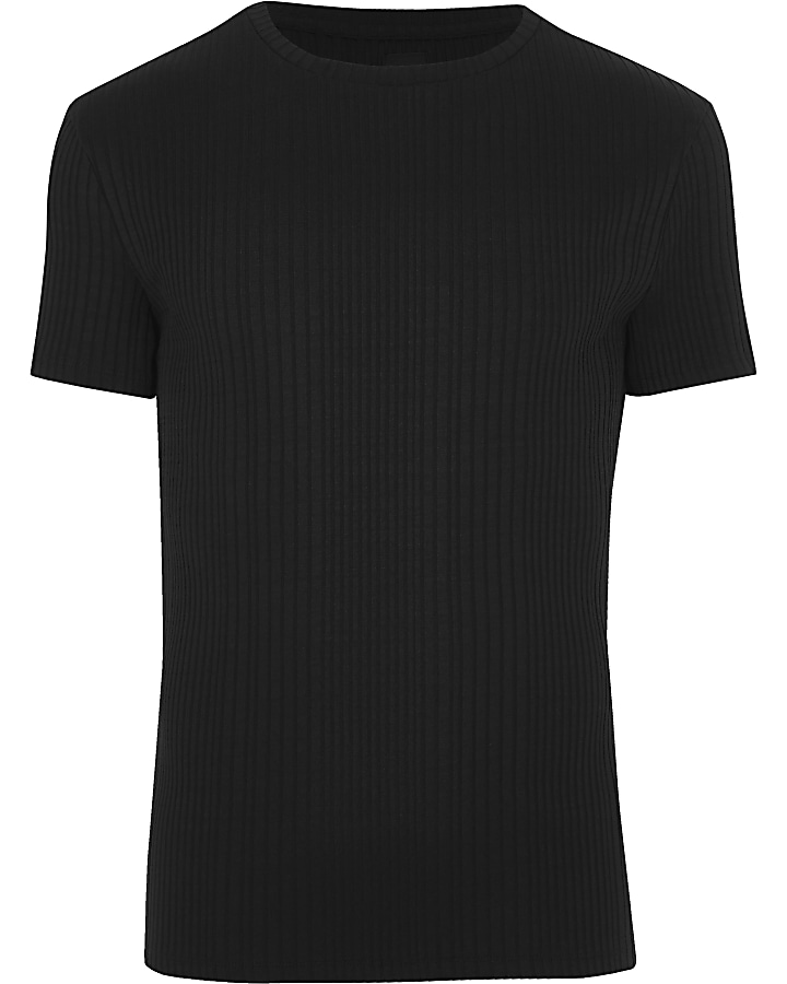 Black ribbed muscle fit crew neck T-shirt