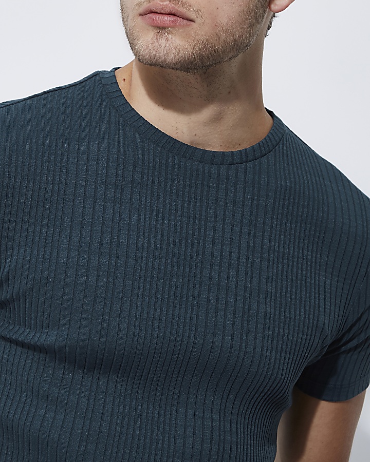 Navy ribbed muscle fit crew neck T-shirt