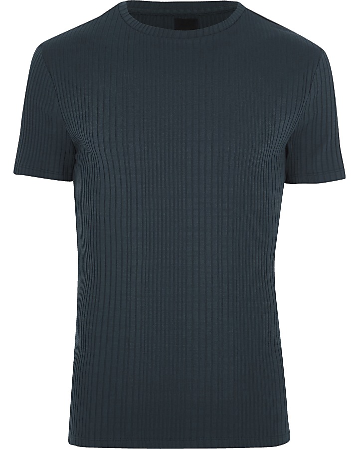 Navy ribbed muscle fit crew neck T-shirt