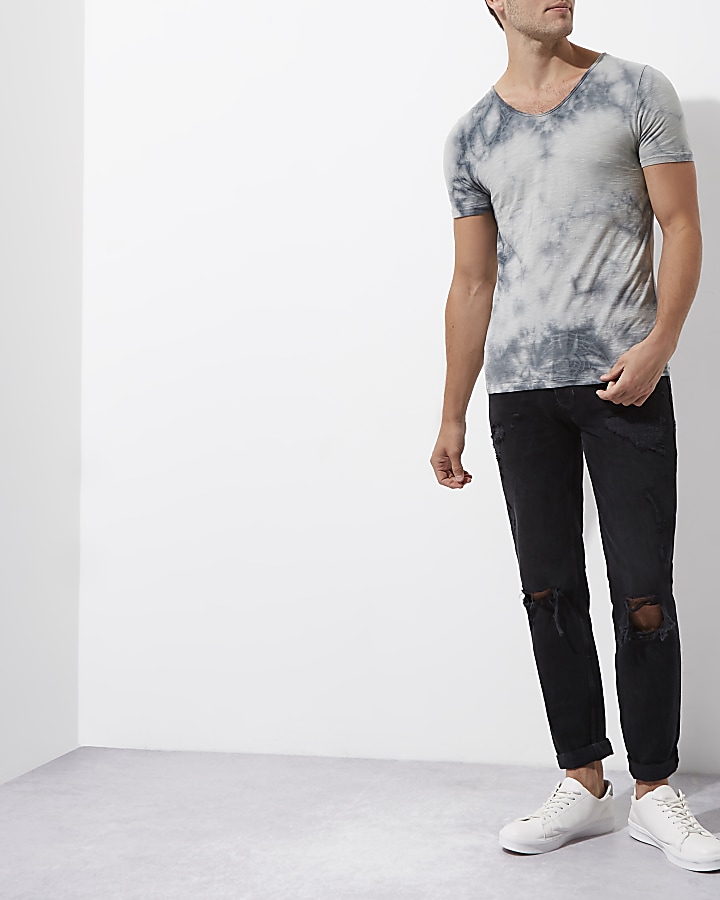 Grey tie dye muscle fit V neck T-shirt