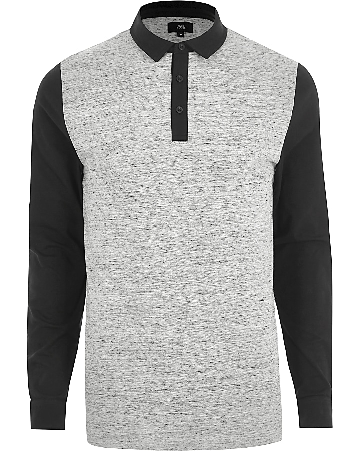 Grey slim fit block long sleeve polo shirt