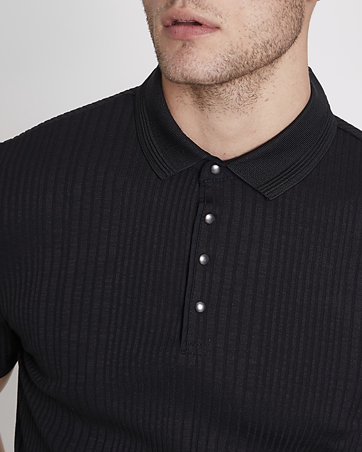 Black muscle fit ribbed polo shirt