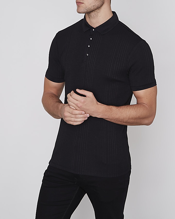 Black muscle fit ribbed polo shirt