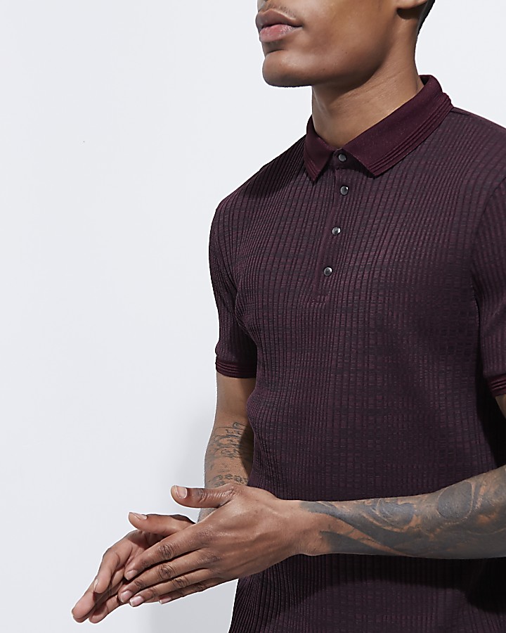 Burgundy ribbed muscle fit polo shirt
