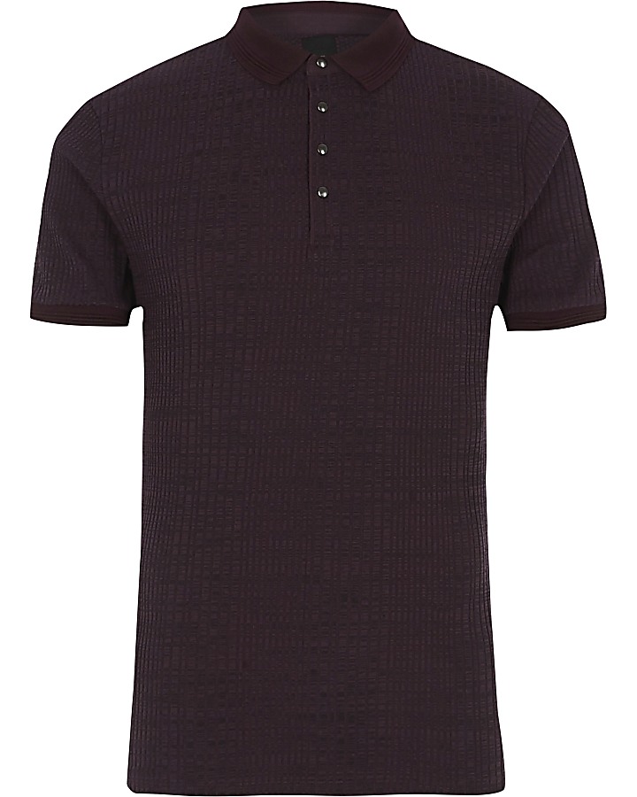 Burgundy ribbed muscle fit polo shirt