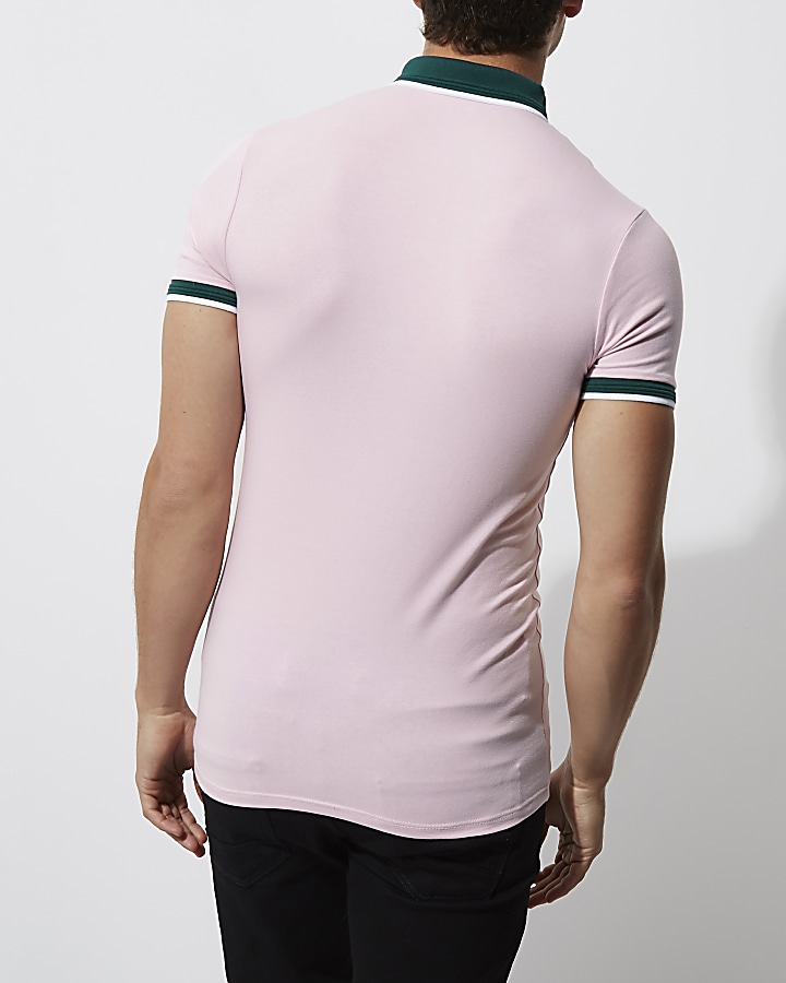 Pink tipped muscle fit polo shirt