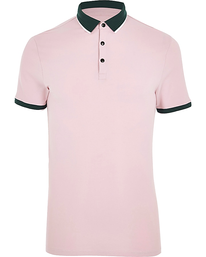 Pink tipped muscle fit polo shirt