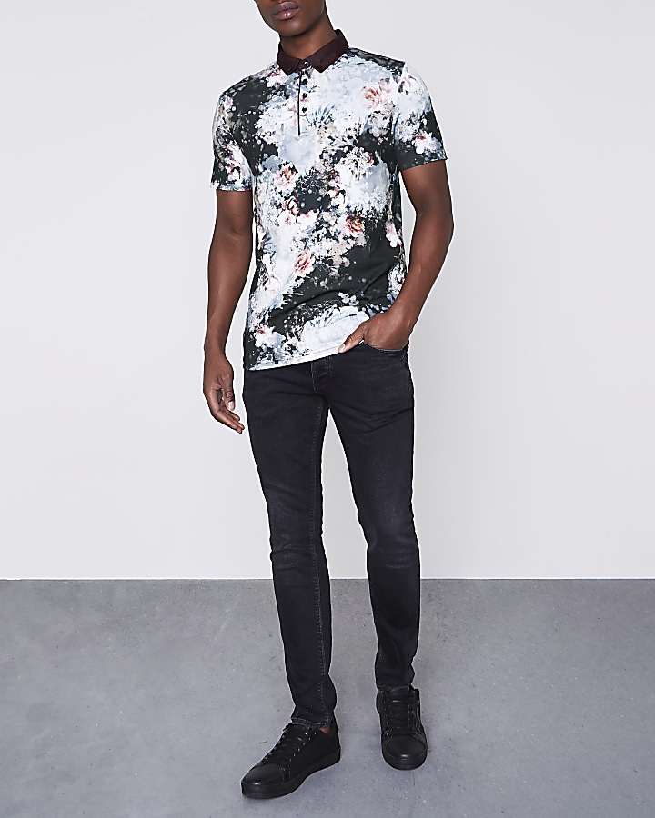 Black floral print slim fit smart polo shirt