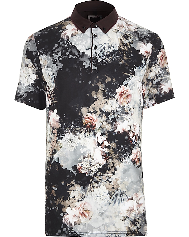 Black floral print slim fit smart polo shirt