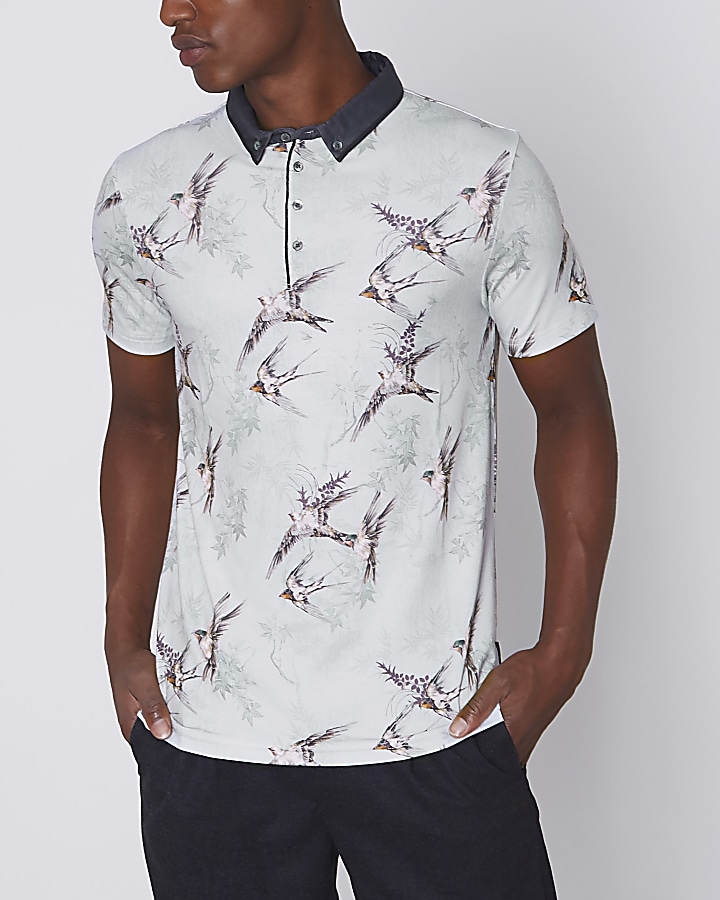 Light grey bird print slim fit polo shirt