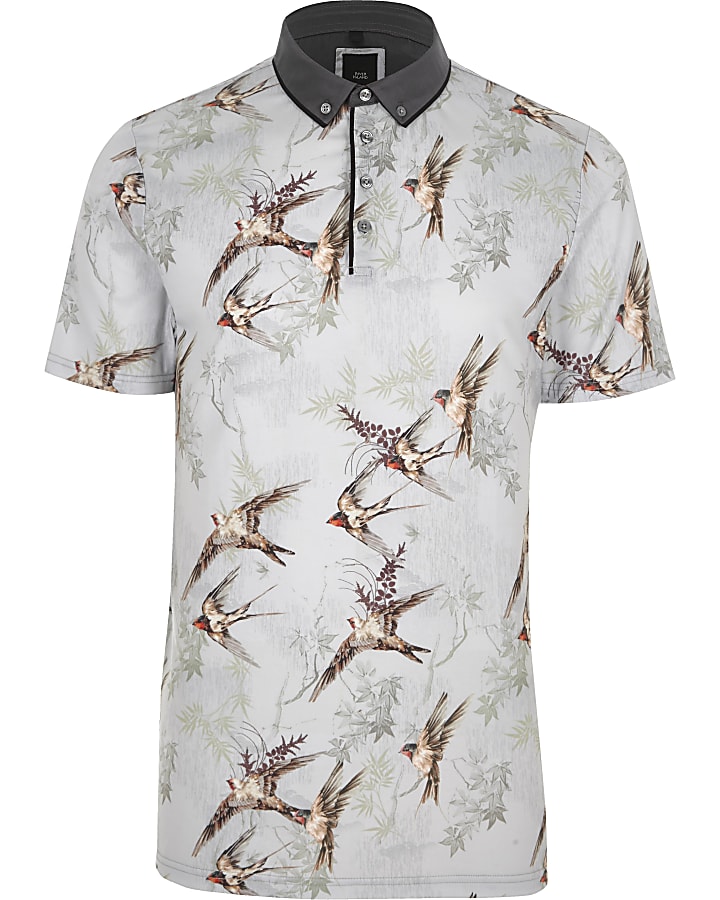Light grey bird print slim fit polo shirt