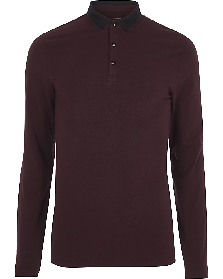 Dark red muscle fit long sleeve polo shirt