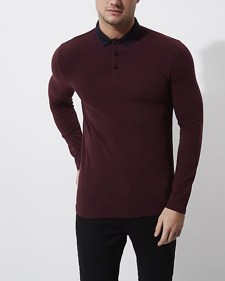 Dark red muscle fit long sleeve polo shirt