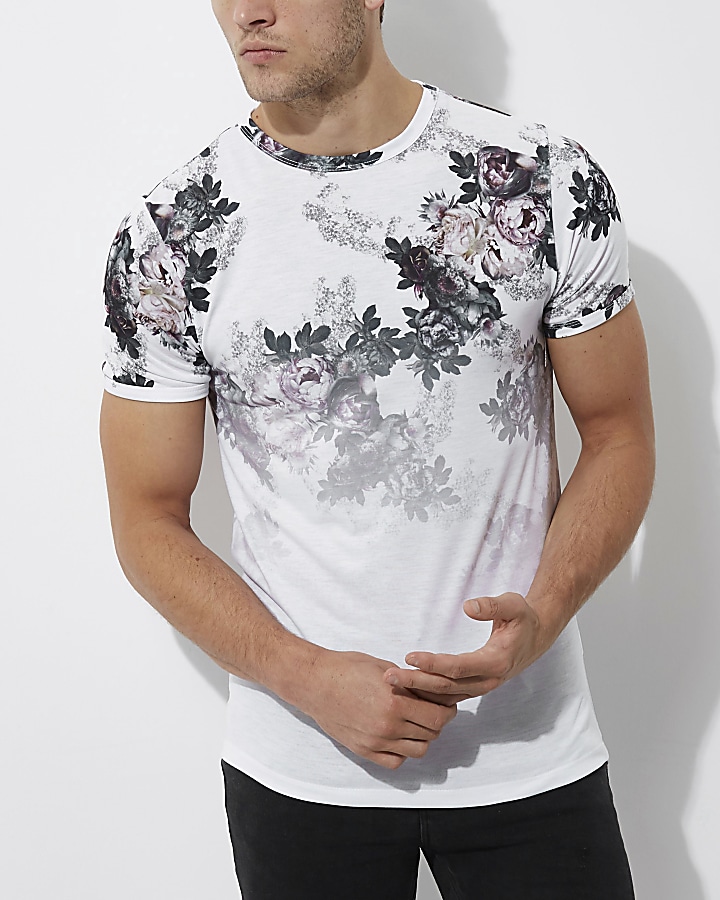 White floral fade print muscle fit T-shirt