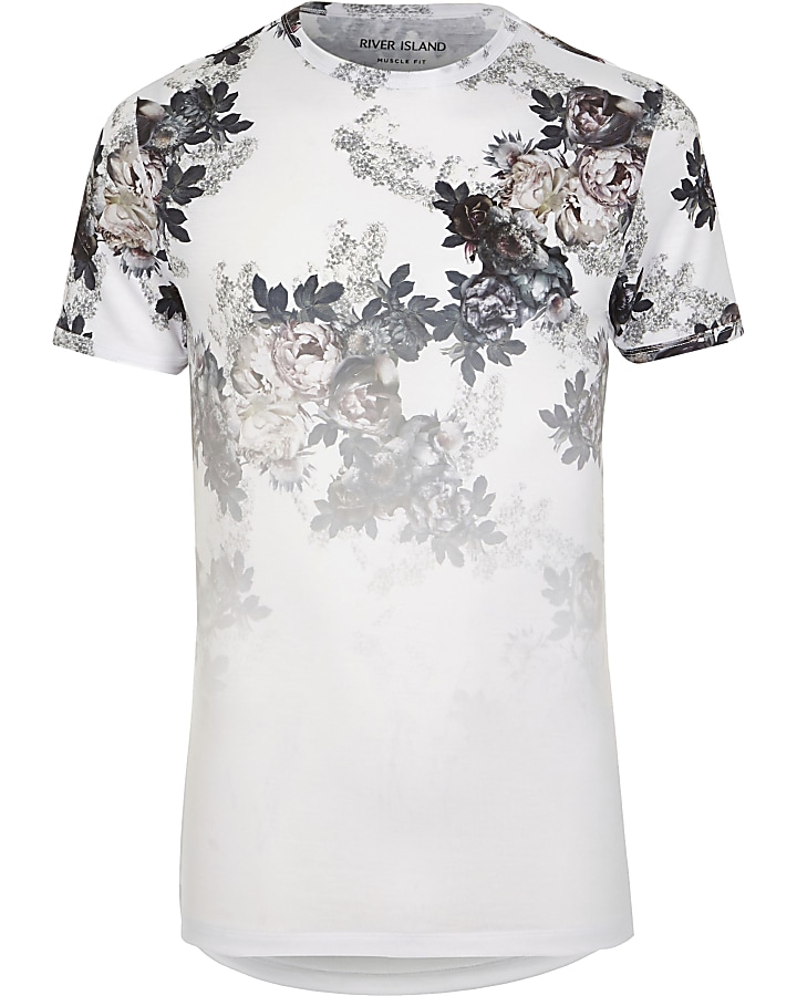 White floral fade print muscle fit T-shirt