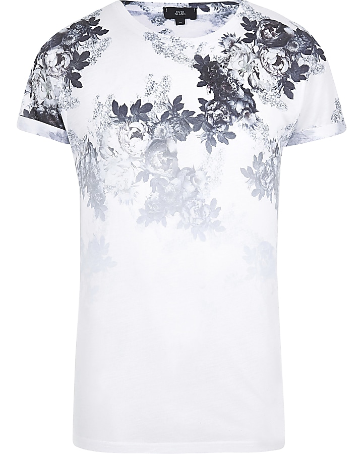 White floral print slim fit T-shirt
