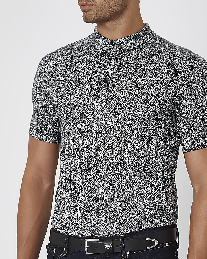 Grey knit muscle fit short sleeve polo shirt