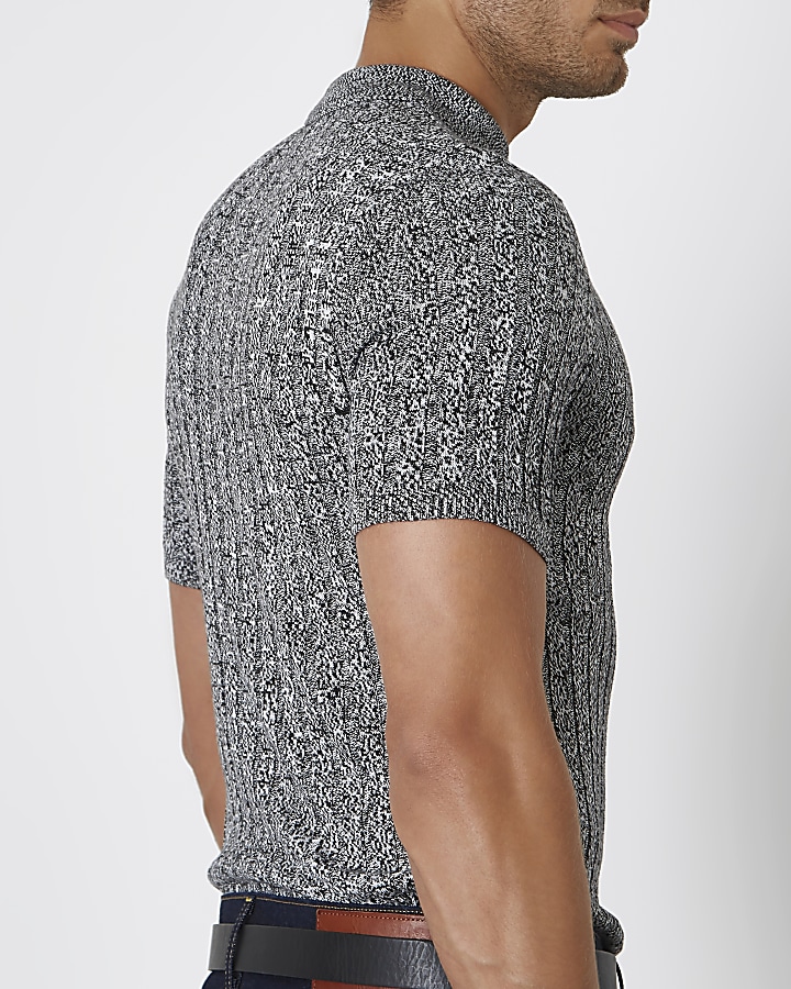 Grey knit muscle fit short sleeve polo shirt