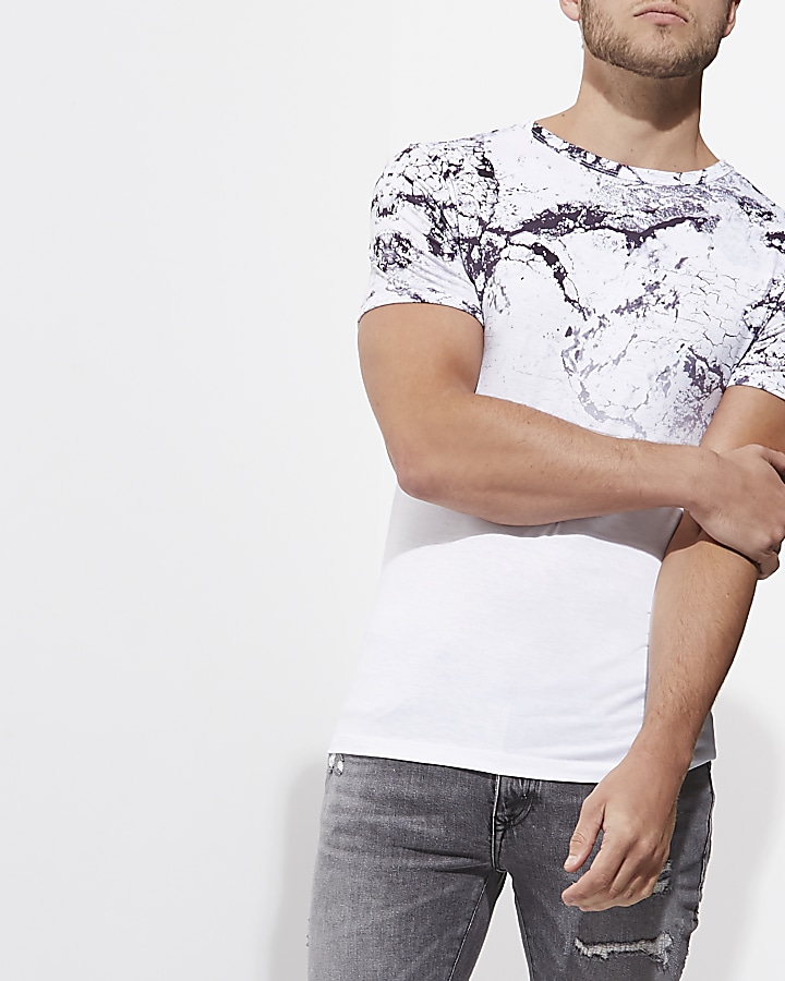 White cracked marble fade muscle fit T-shirt