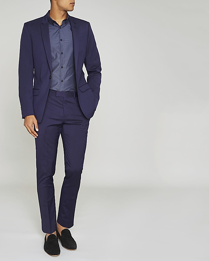 Purple stretch skinny fit suit trousers