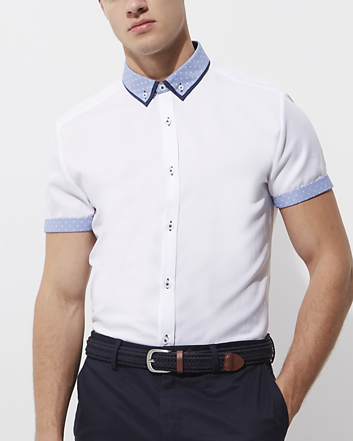 White contrast short sleeve slim fit shirt