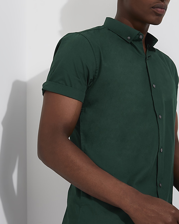 Dark green slim fit short sleeve shirt