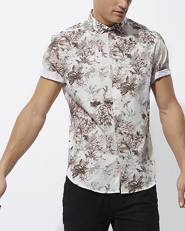 Cream floral short sleeve slim fit shirt