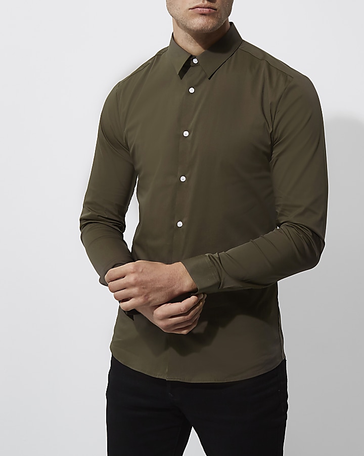 Khaki green long sleeve muscle fit shirt