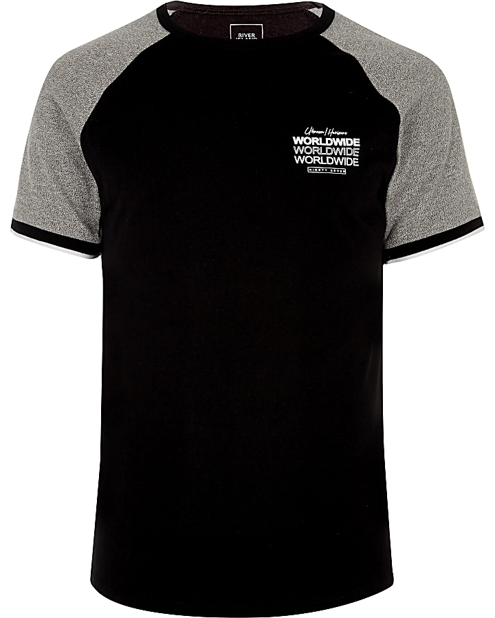 Black short sleeve 'worldwide' raglan T-shirt