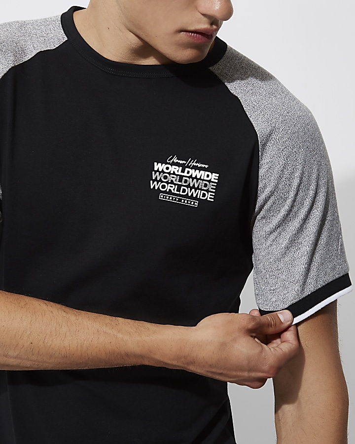 Black short sleeve 'worldwide' raglan T-shirt